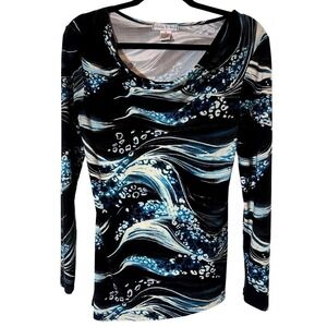 Vintage Suzie Cowl Neck Top Size M Abstract Wave Leopard Print Blue Black